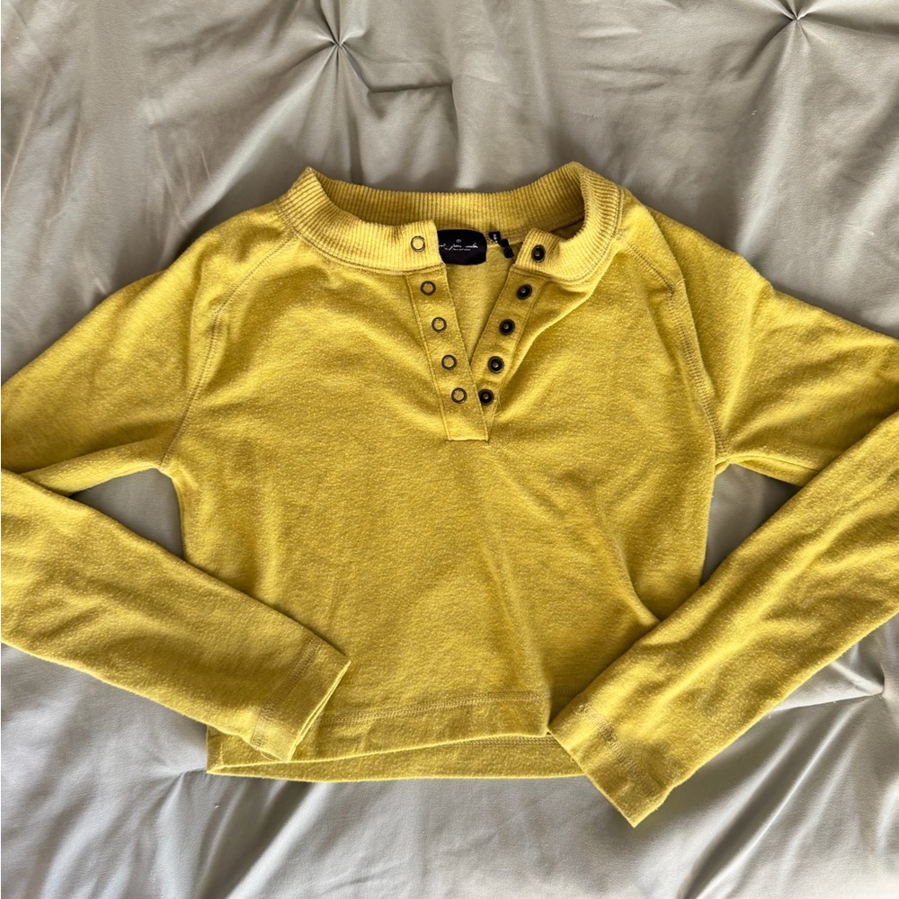 Free People Cropped Long-Sleeve Henley Top in Yellow Green